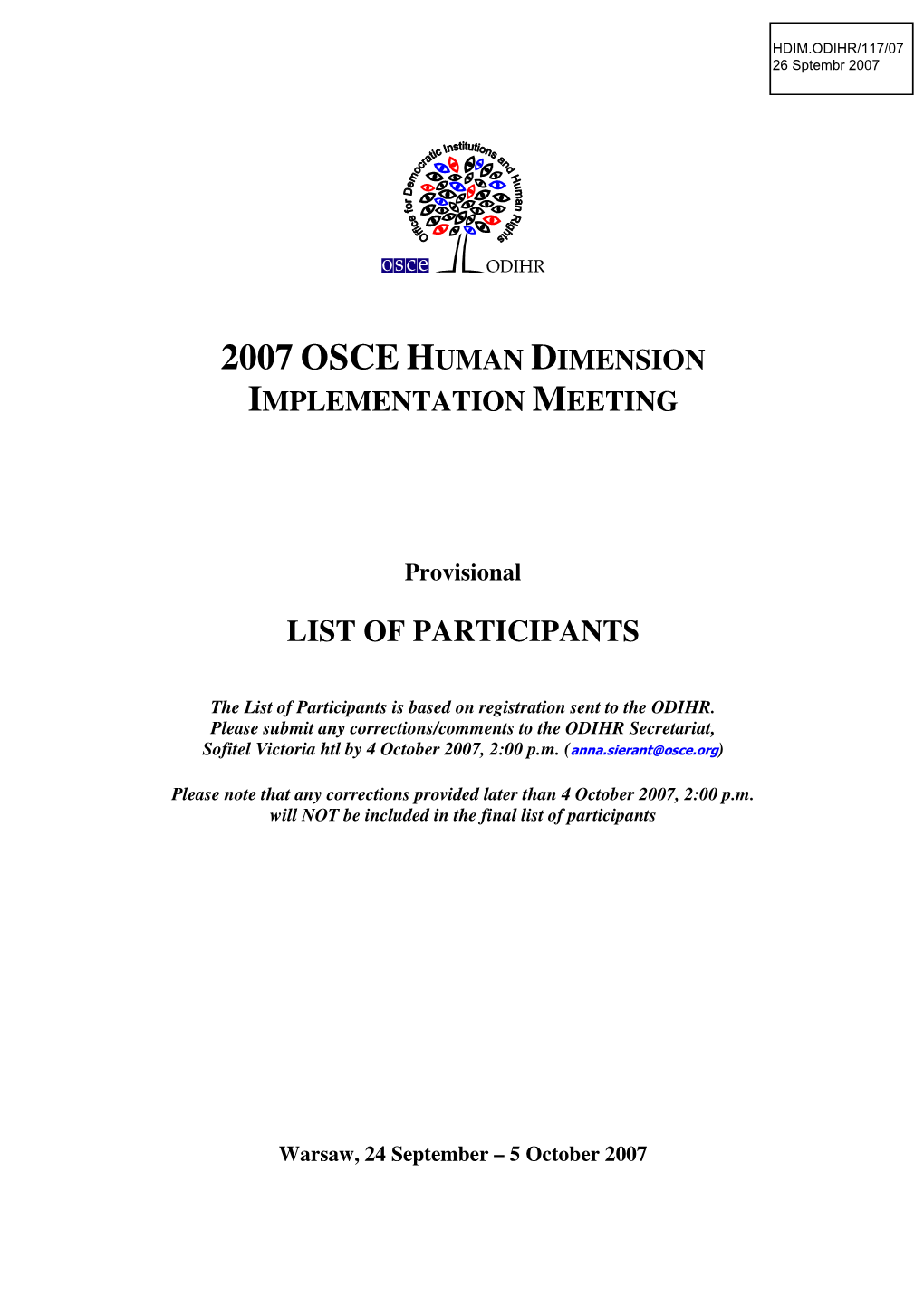 2007 Osce Human Dimension Implementation Meeting