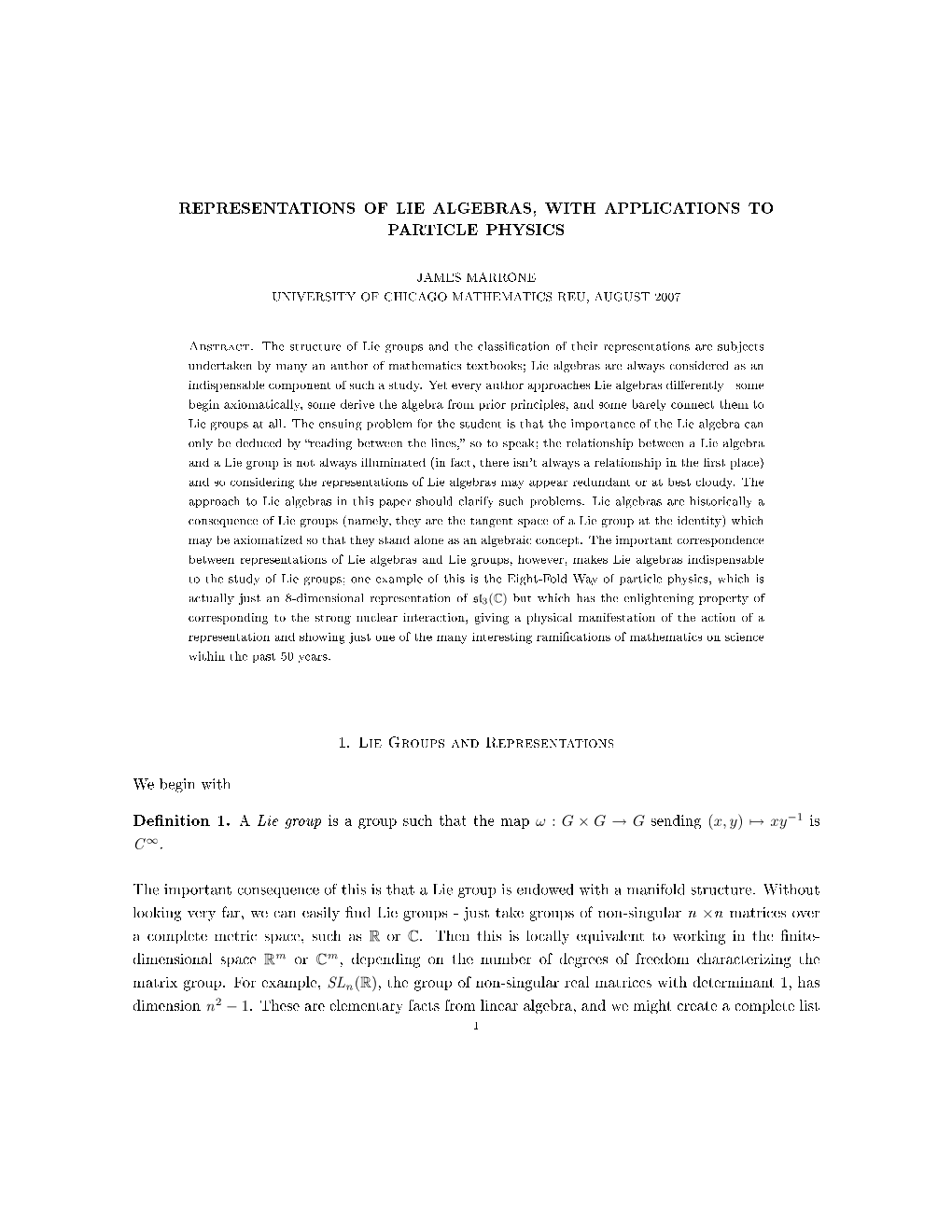 Representations of Lie Algebras, with Applications to Particle Physics