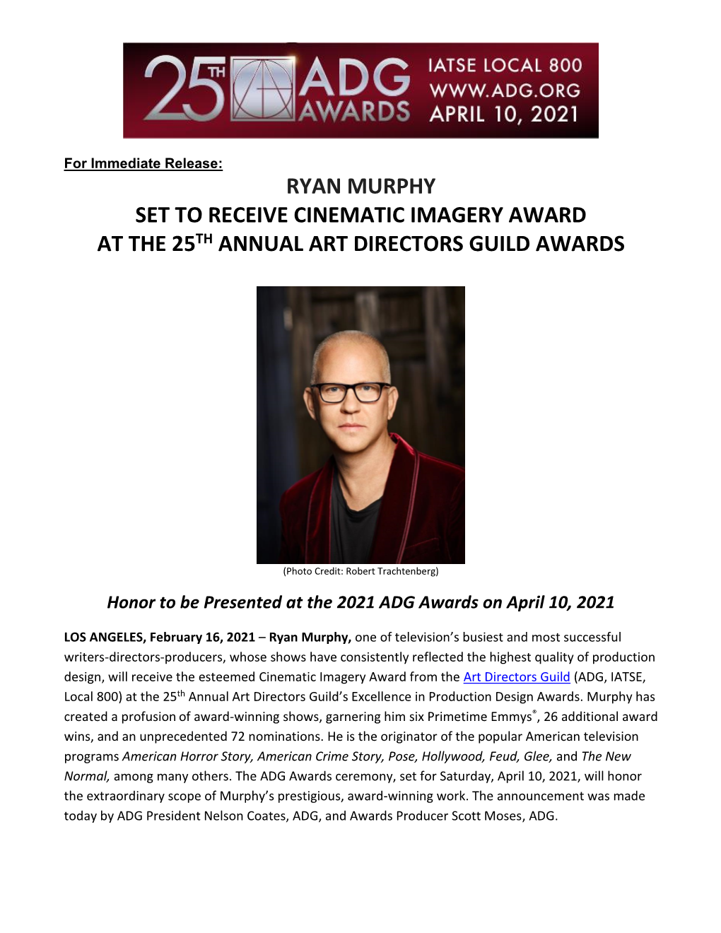 Ryan Murphy Set to Receive Cinematic Imagery Award at the 25Th Annual Art Directors Guild Awards