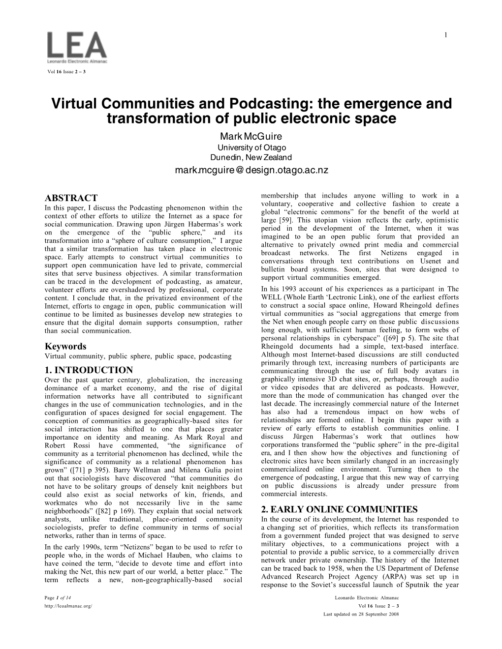 Virtual Communities and Podcasting: the Emergence and Transformation of Public Electronic Space