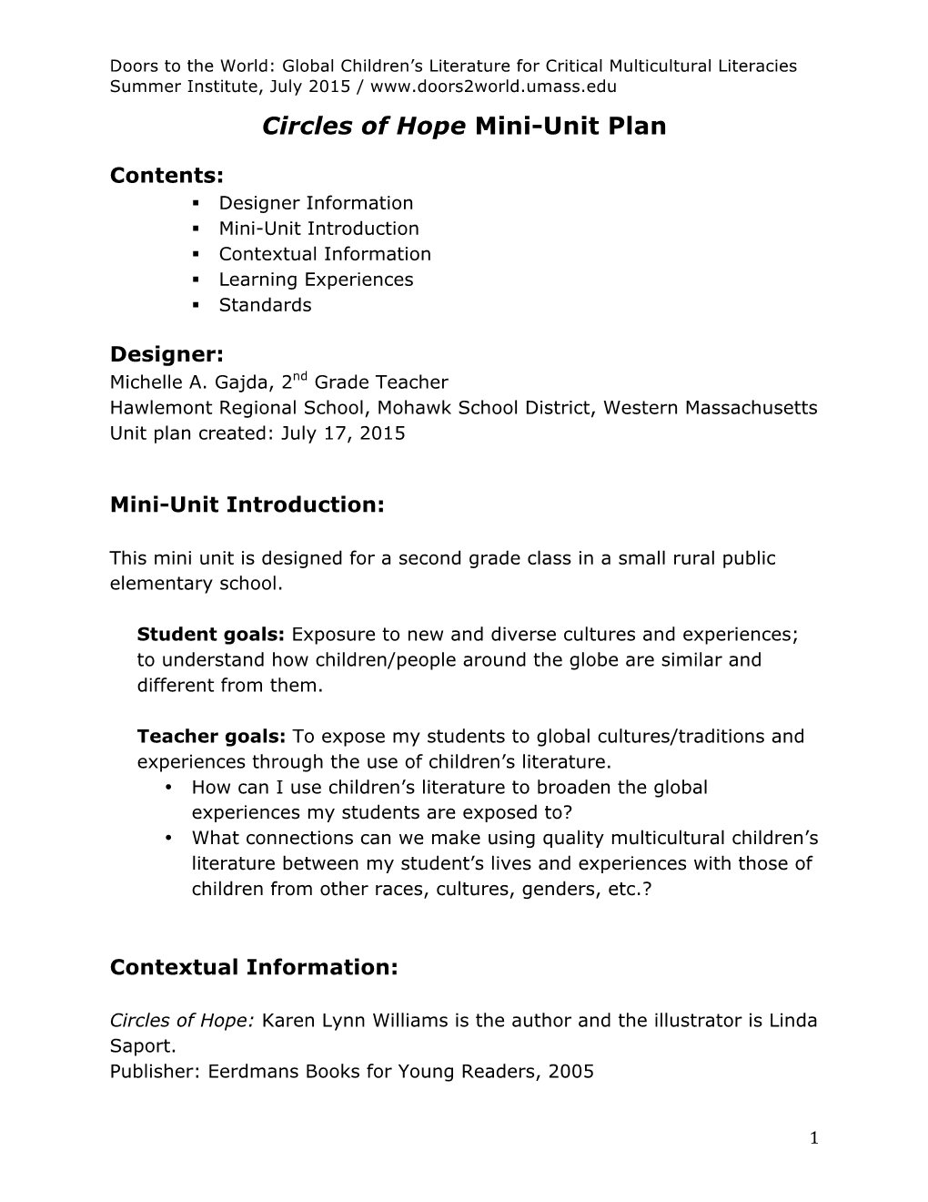 Circles of Hope Mini-Unit Plan