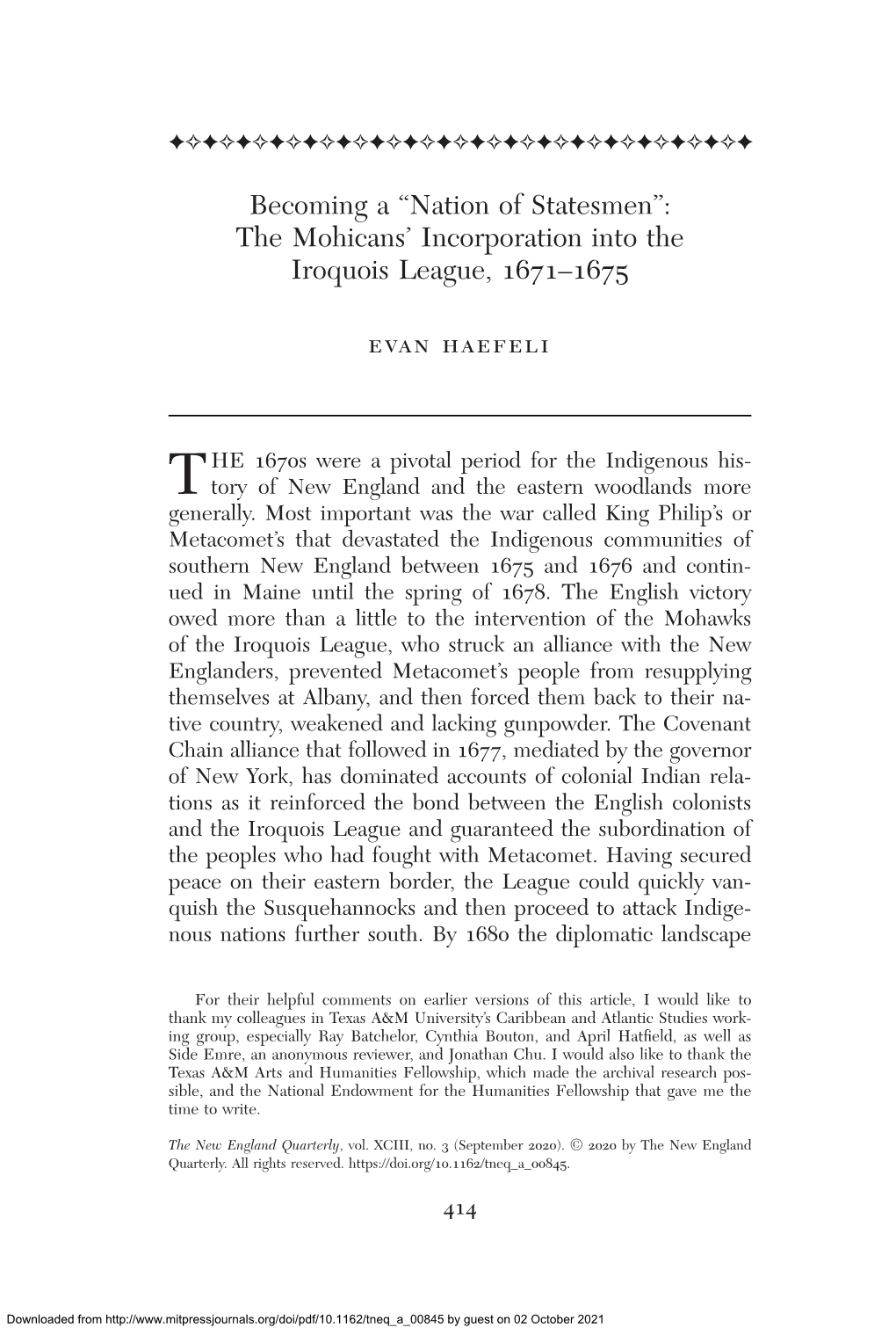 Becoming a “Nation of Statesmen”: the Mohicans' Incorporation Into the Iroquois League, 1671–1675