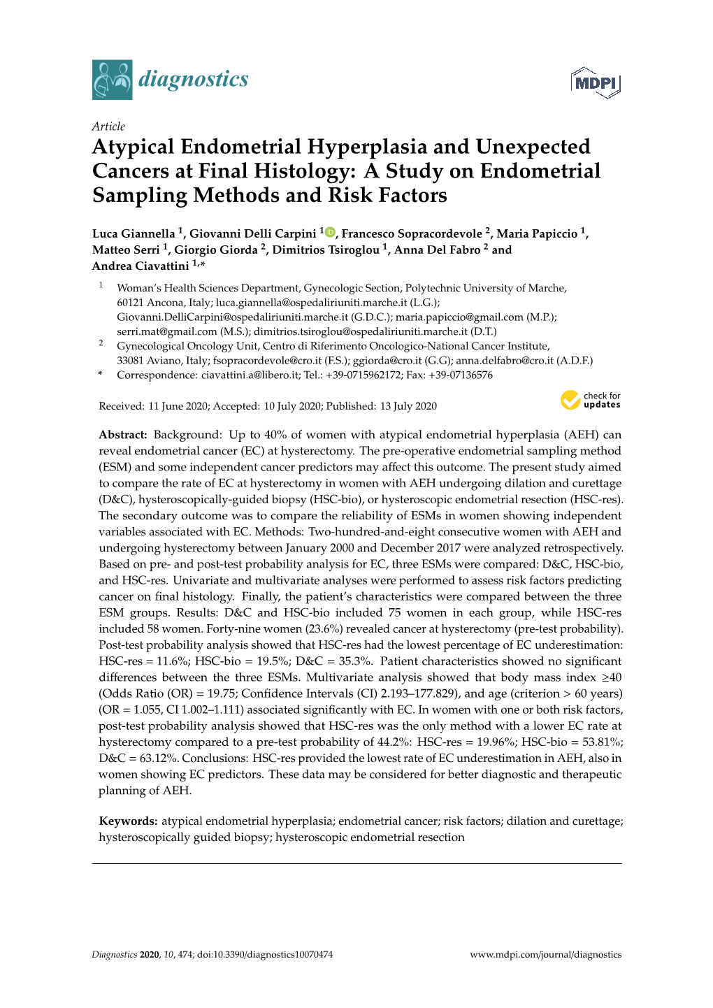 Atypical Endometrial Hyperplasia and Unexpected Cancers at Final Histology: a Study on Endometrial Sampling Methods and Risk Factors