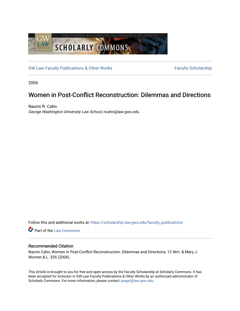 Women in Post-Conflict Reconstruction: Dilemmas and Directions
