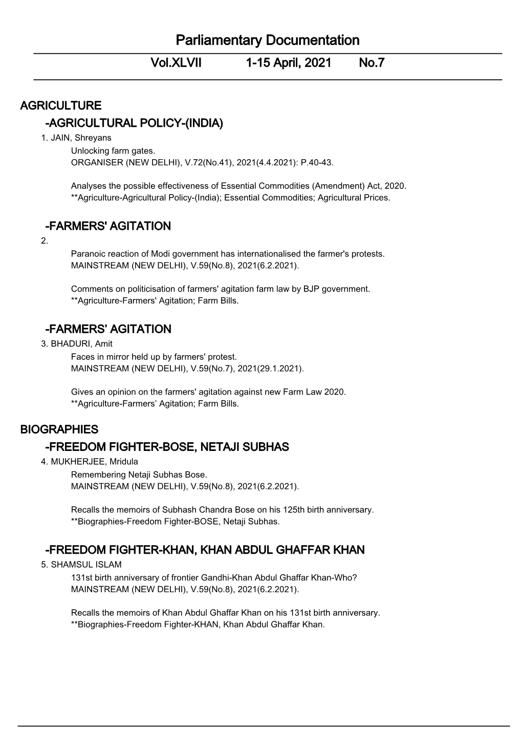 Parliamentary Documentation Vol.XLVII 1-15 April, 2021 No.7