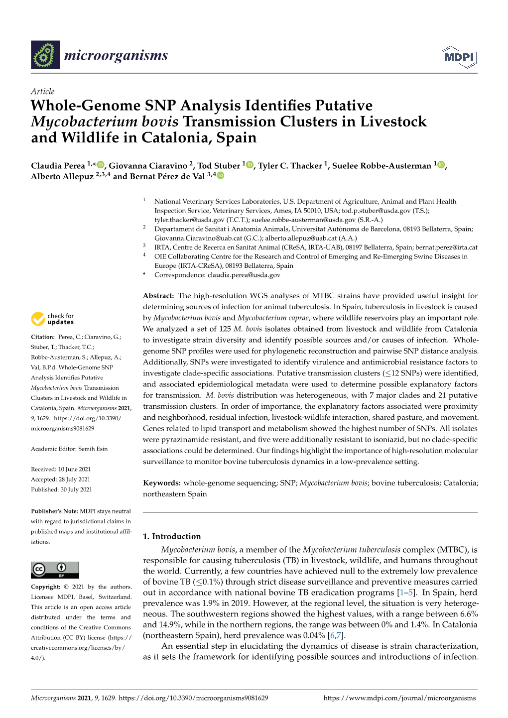 Whole-Genome SNP Analysis Identifies Putative Mycobacterium Bovis Transmission Clusters in Livestock and Wildlife in Catalonia