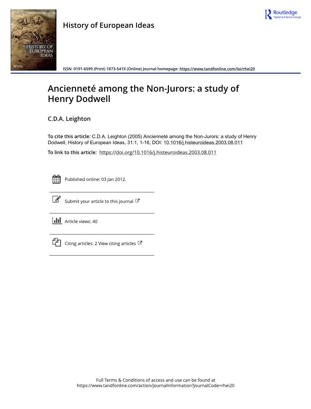 Ancienneté Among the Non-Jurors: a Study of Henry Dodwell