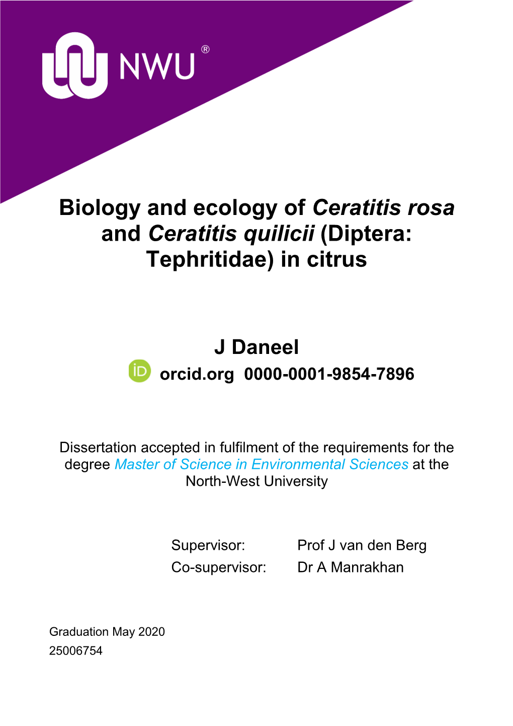 Biology and Ecology of Ceratitis Rosa and Ceratitis Quilicii (Diptera: Tephritidae) in Citrus