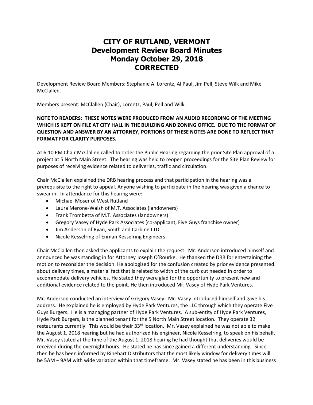 CITY of RUTLAND, VERMONT Development Review Board Minutes Monday October 29, 2018 CORRECTED