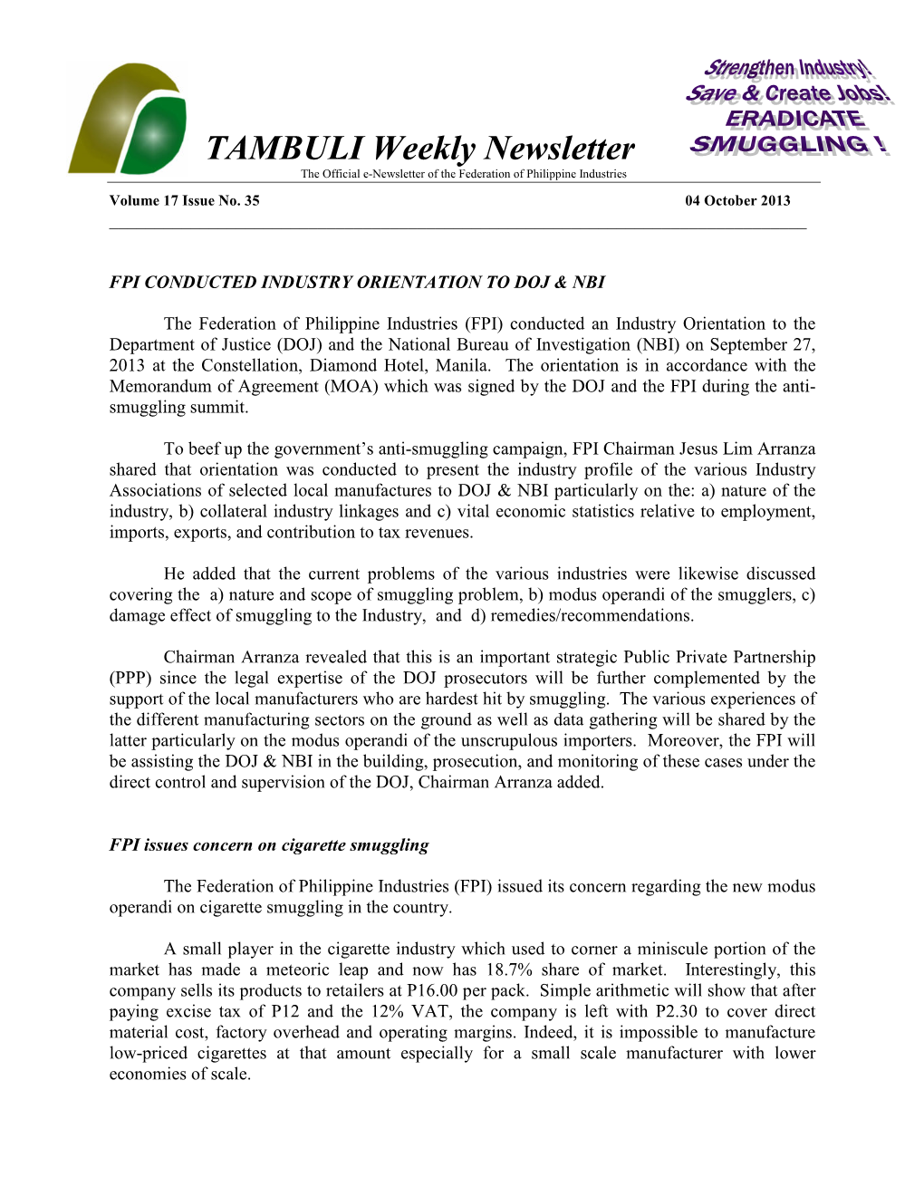 TAMBULI Weekly Newsletter the Official E-Newsletter of the Federation of Philippine Industries