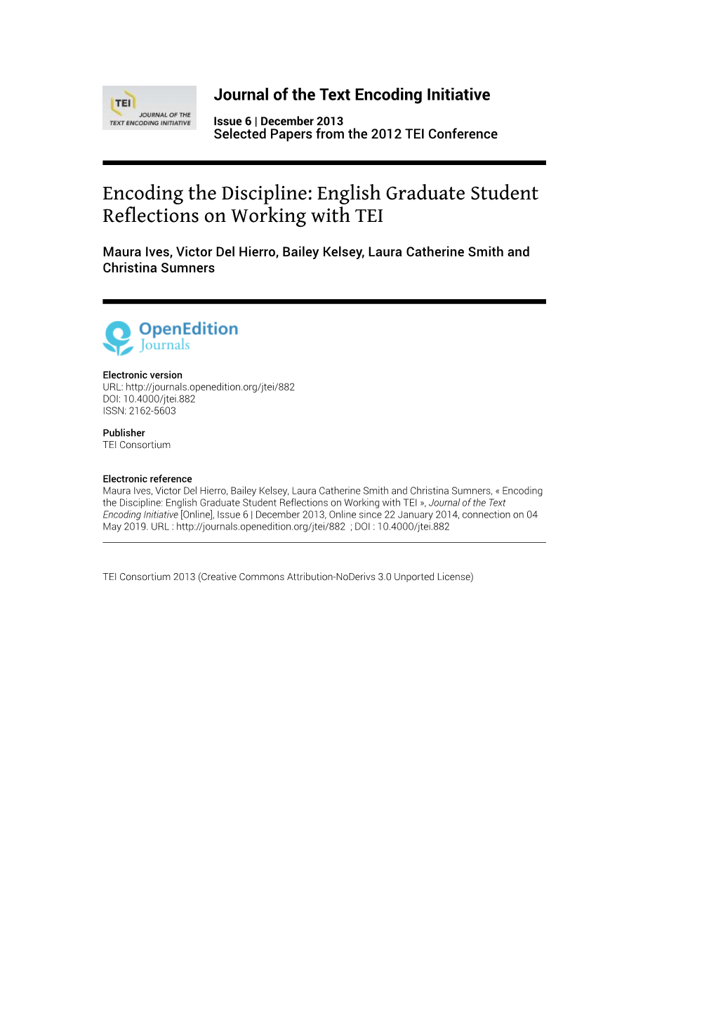 Encoding the Discipline: English Graduate Student Reflections on Working with TEI