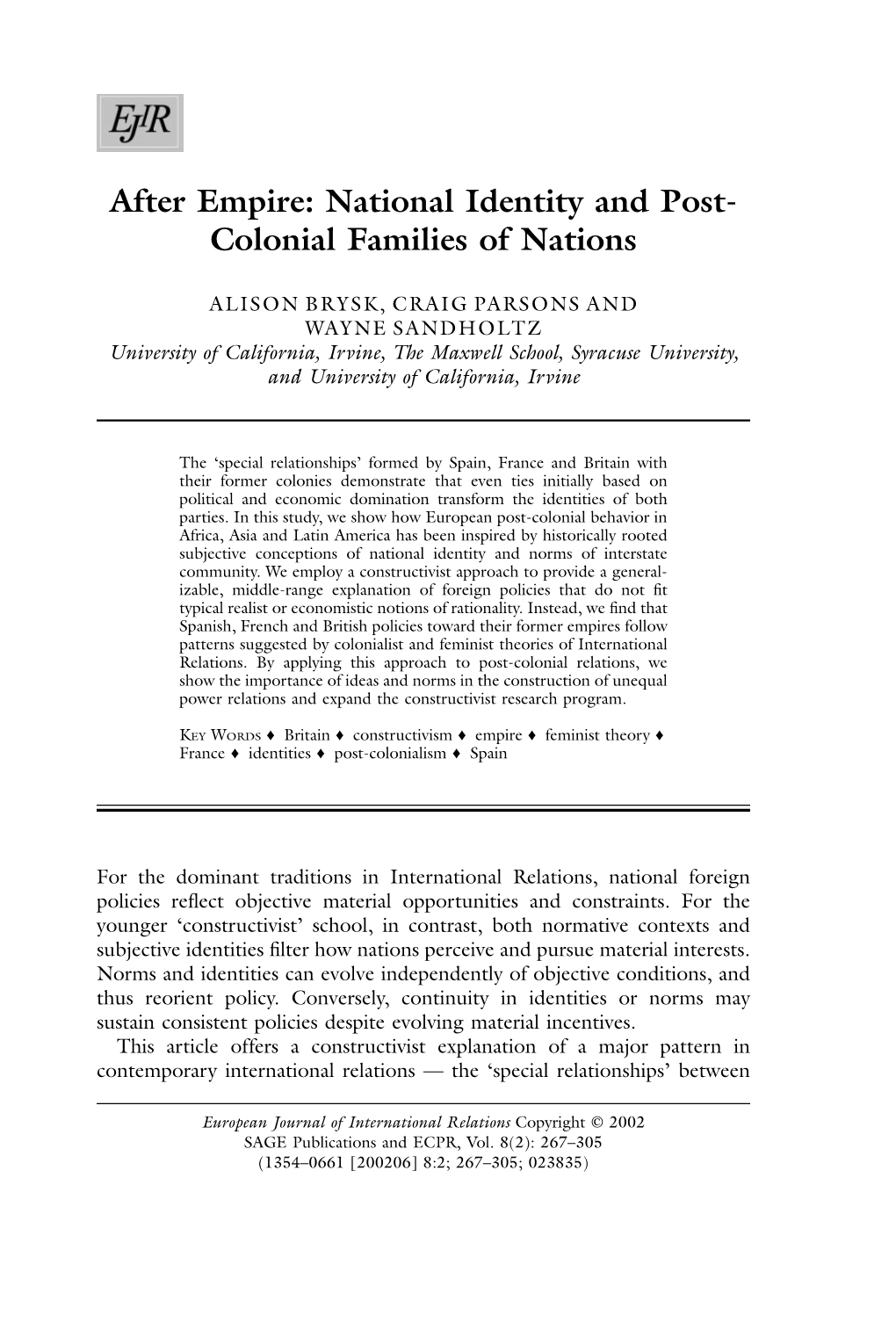After Empire: National Identity and Post-Colonial Families of Nations