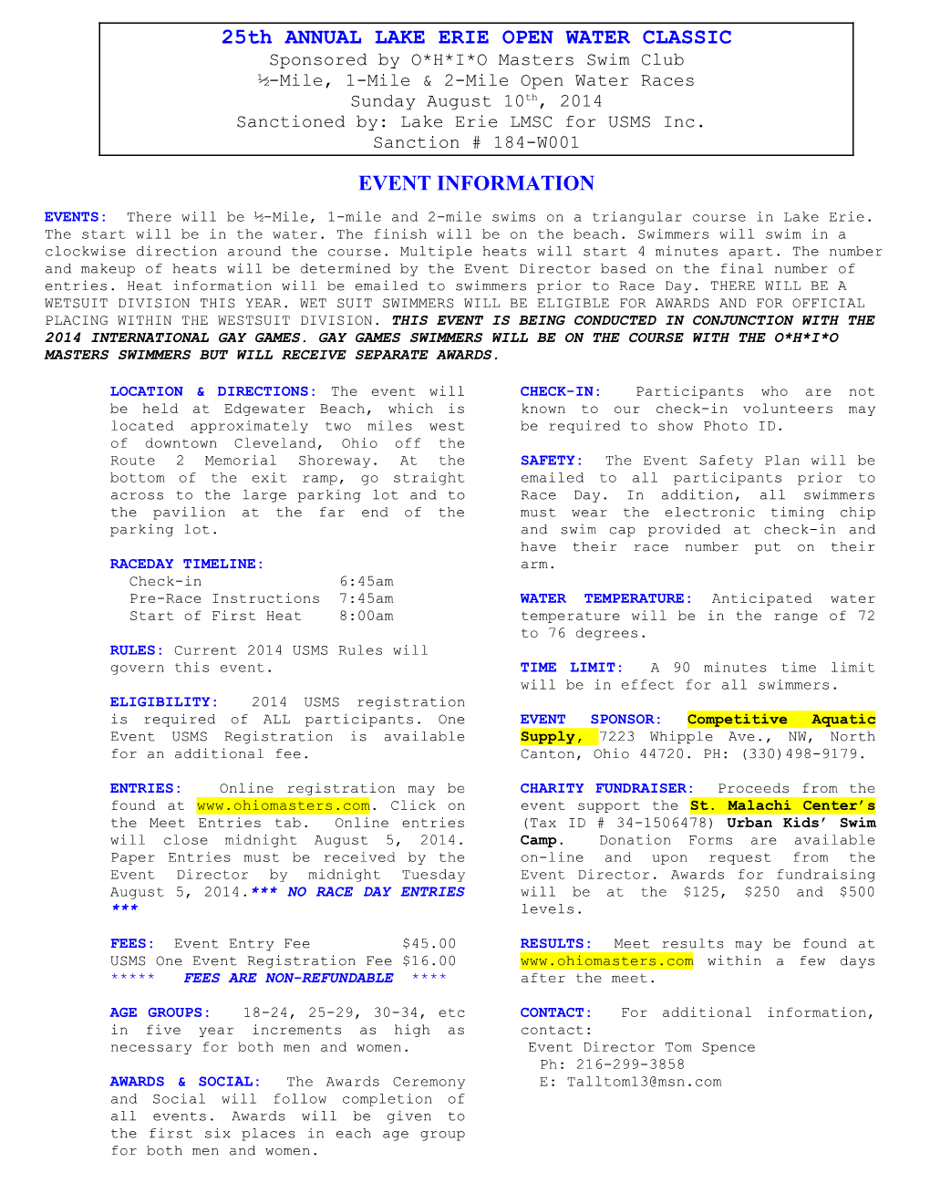 25Th ANNUAL LAKE ERIE OPEN WATER CLASSIC