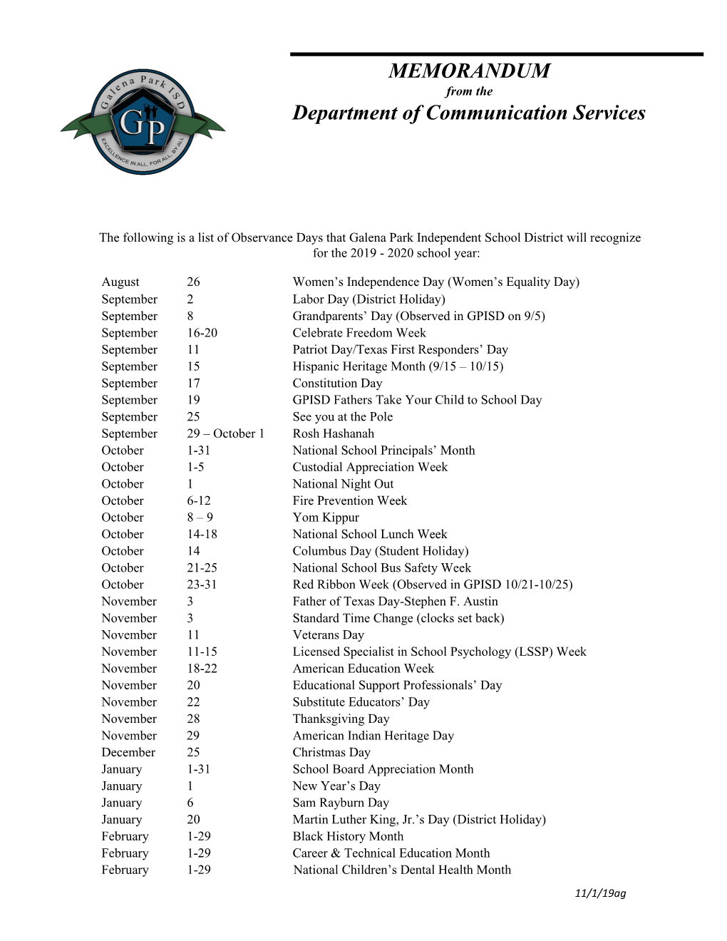 MEMORANDUM Department of Communication Services