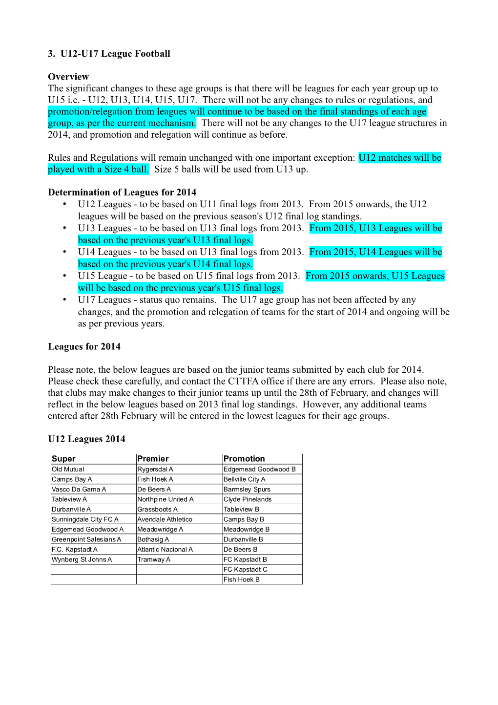 3. U12-U17 League Football Overview the Significant Changes to These