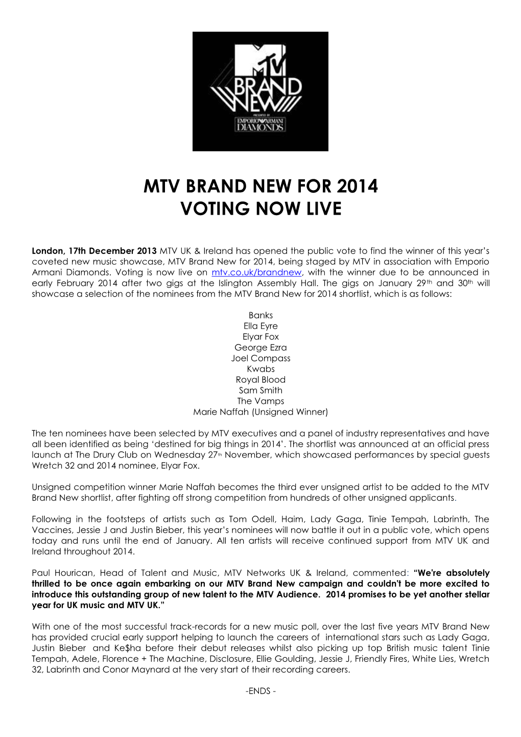 Mtv Brand New for 2014 Voting Now Live