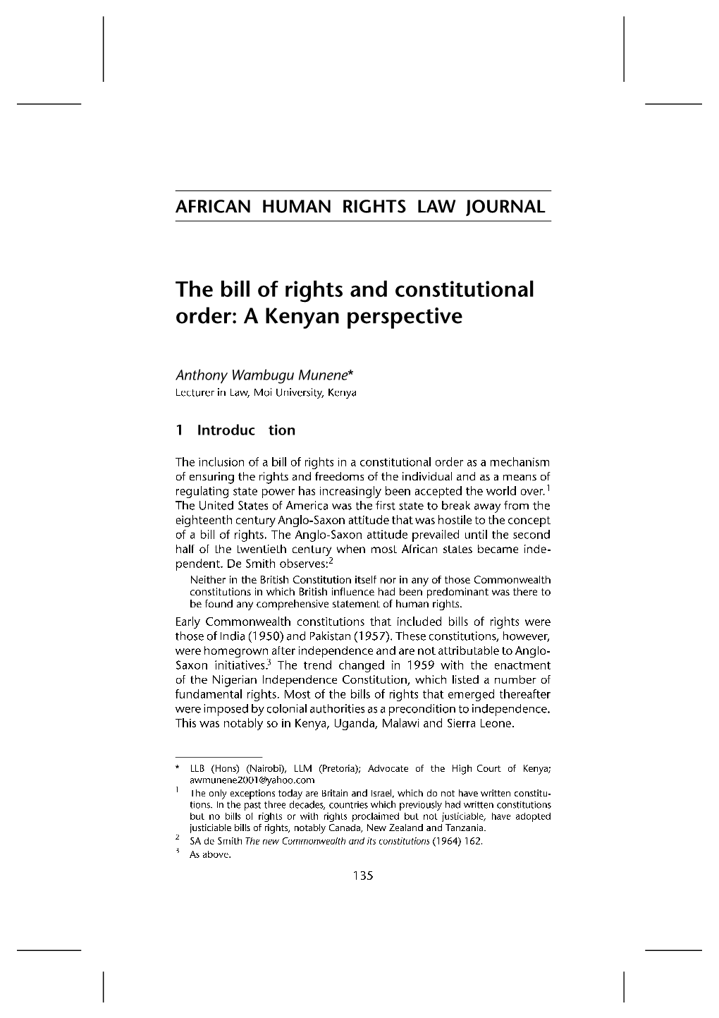 The Bill of Rights and Constitutional Order: a Kenyan Perspective