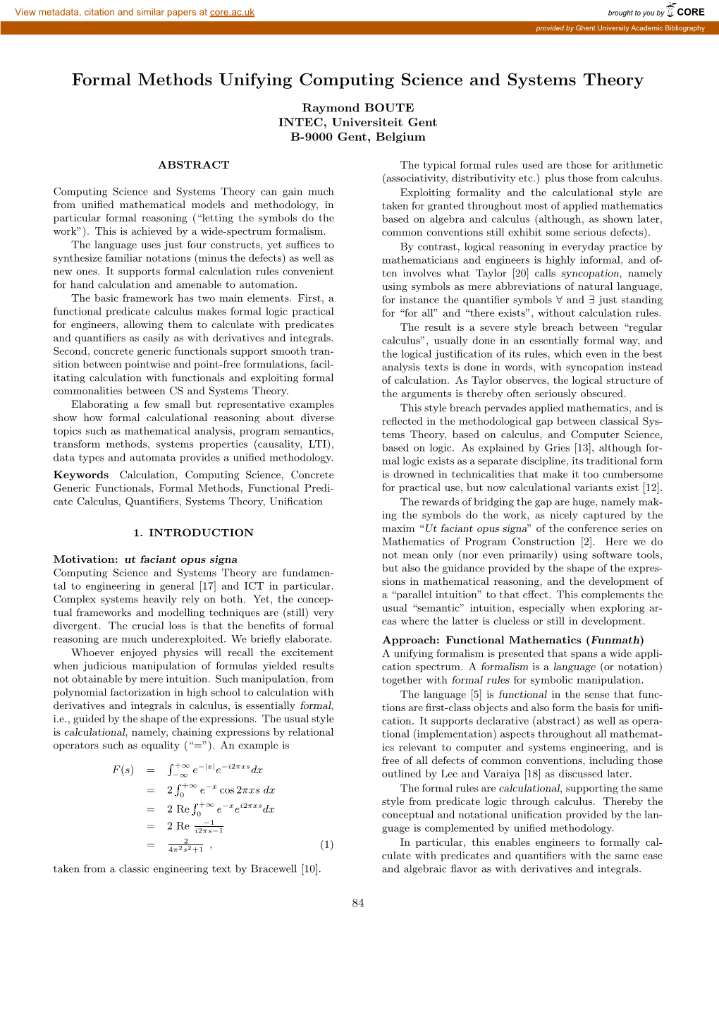 Formal Methods Unifying Computing Science and Systems Theory