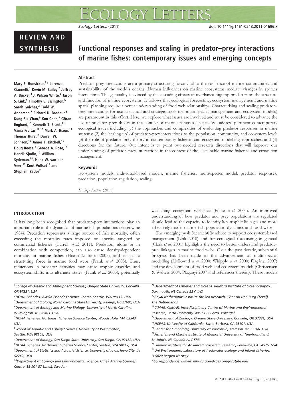 Functional Responses and Scaling in Predator–Prey Interactions of Marine ﬁshes: Contemporary Issues and Emerging Concepts