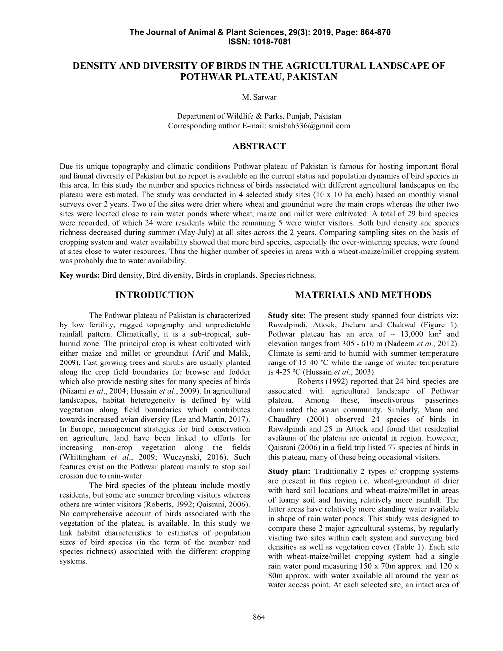 Density and Diversity of Birds in the Agricultural Landscape of Pothwar Plateau, Pakistan