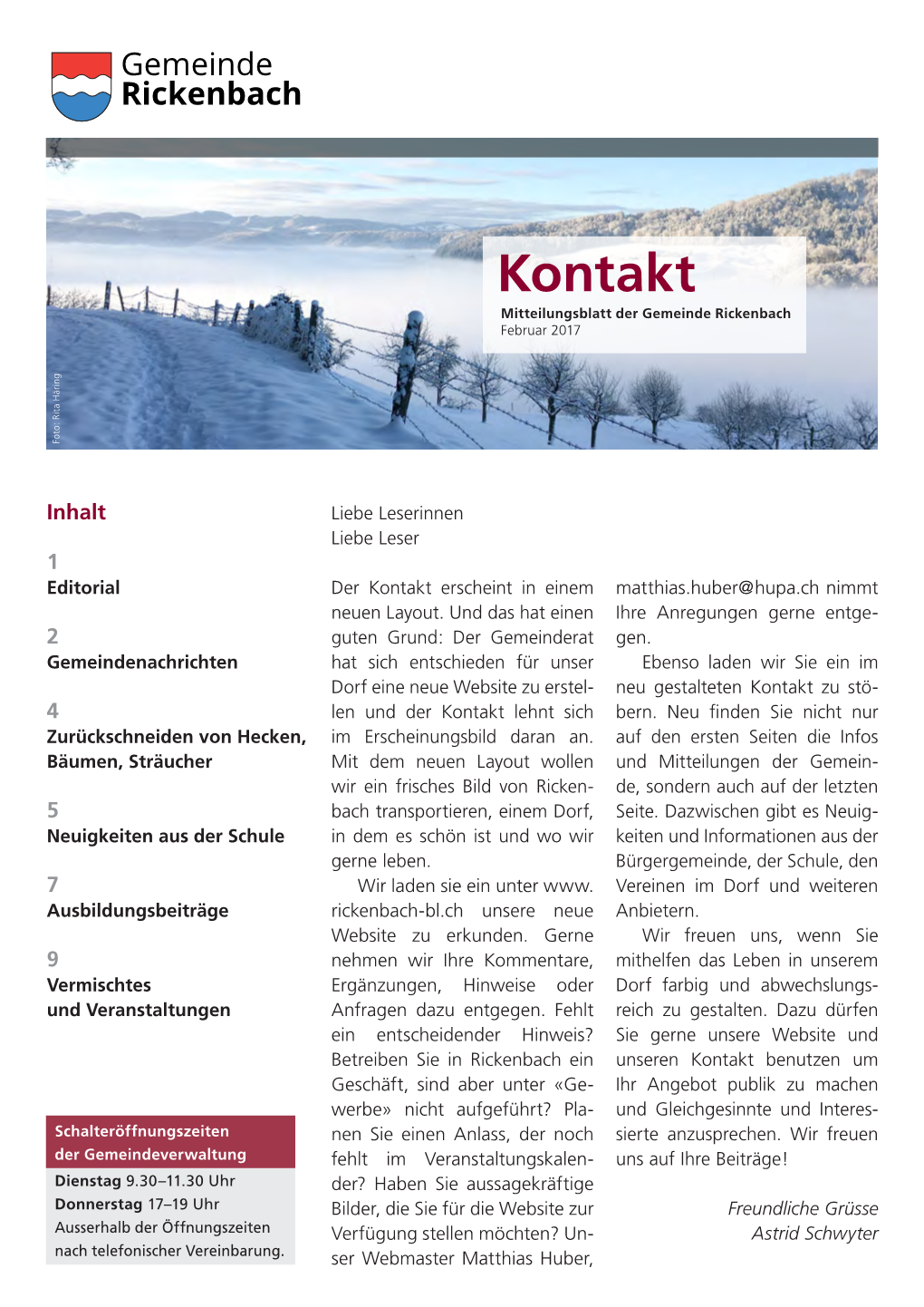 Kontakt Mitteilungsblatt Der Gemeinde Rickenbach Februar 2017 Foto: Rita Häring