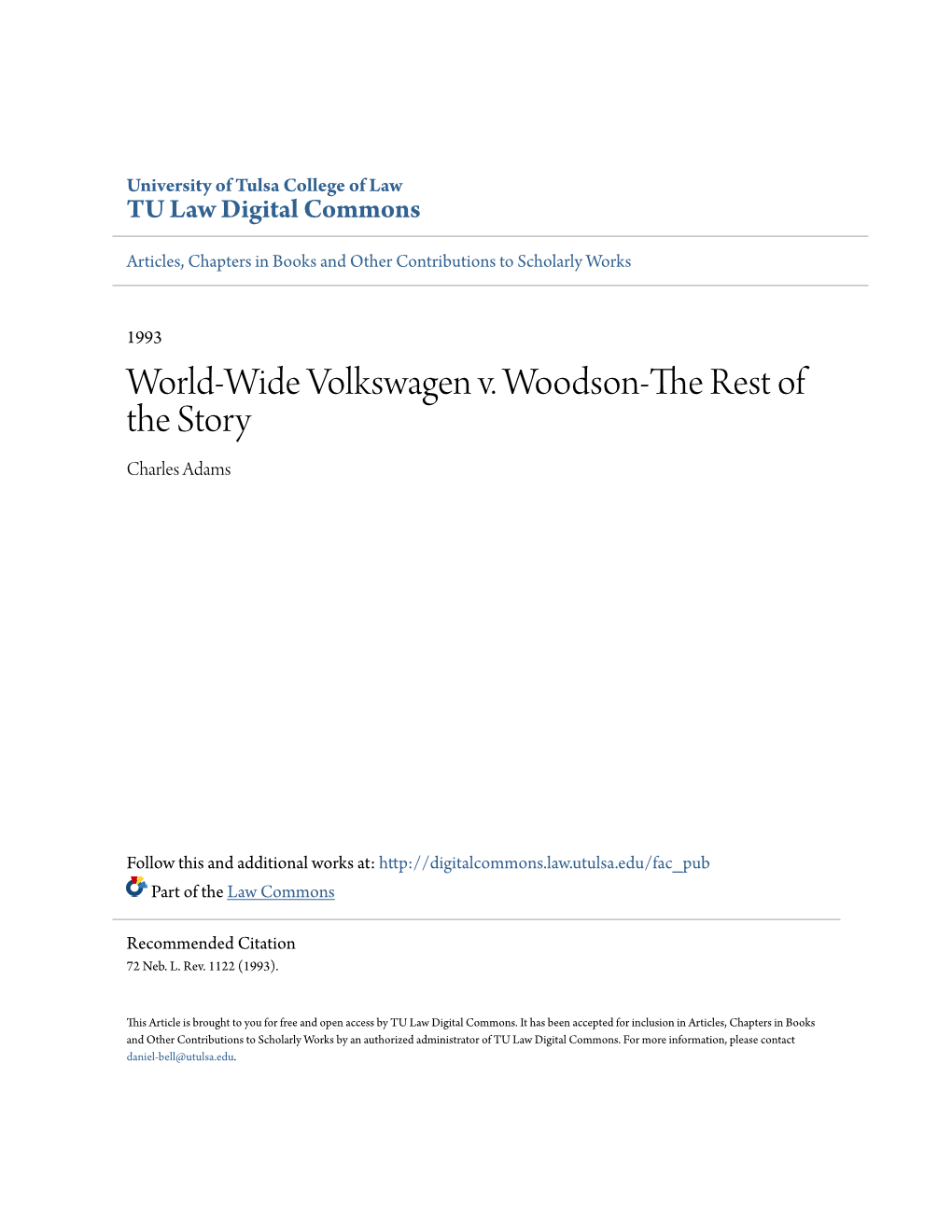 World-Wide Volkswagen V. Woodson-The Rest of the Story Charles Adams