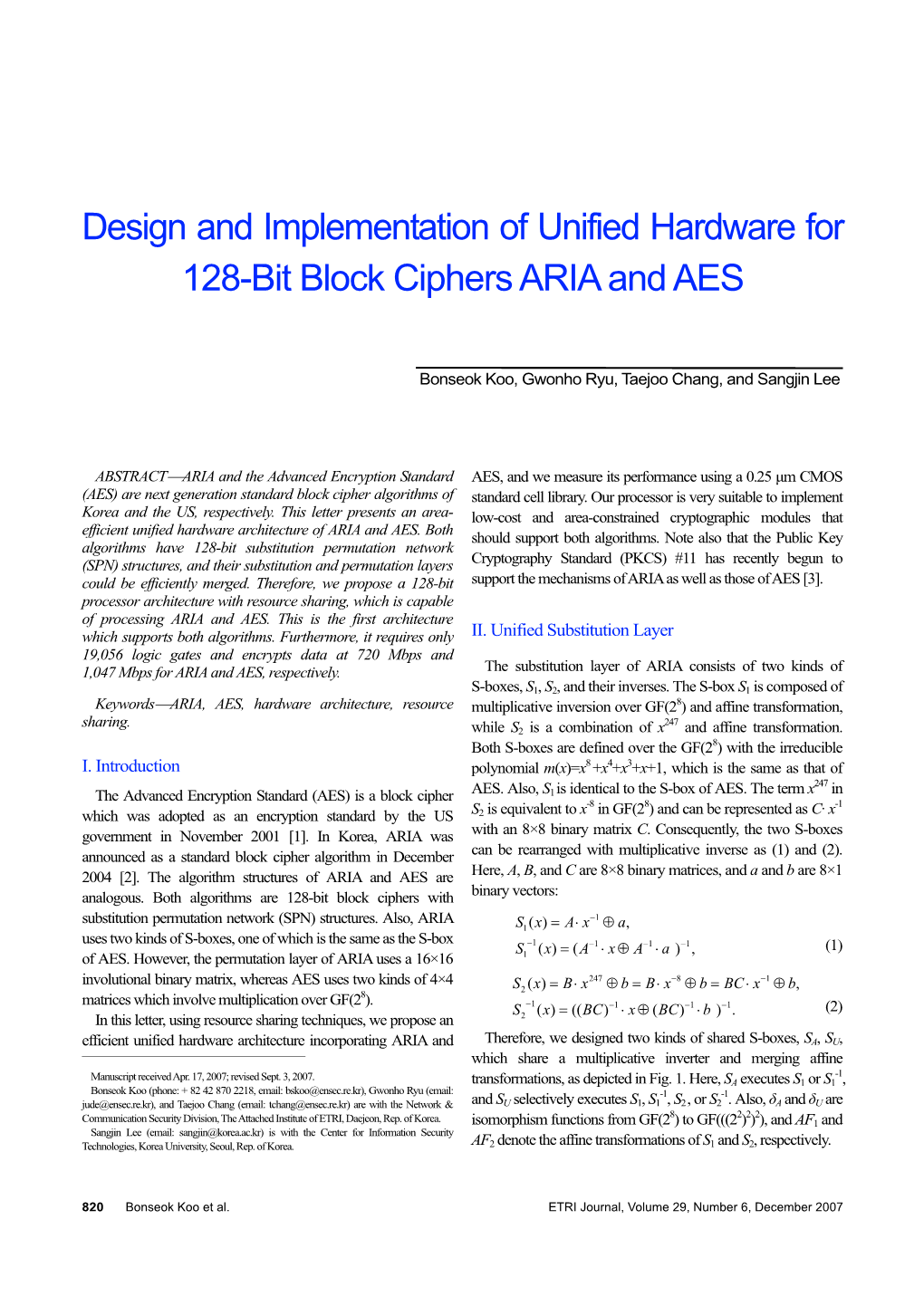 Design and Implementation of Unified Hardware for 128-Bit Block Ciphers ARIA and AES