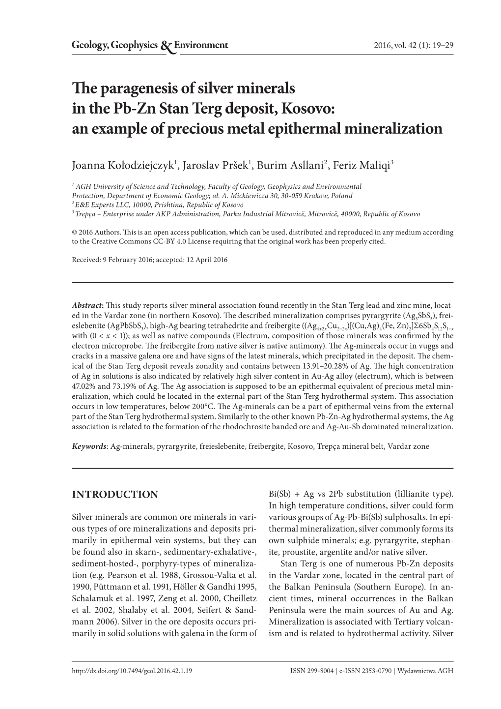 The Paragenesis of Silver Minerals in the Pb-Zn Stan Terg Deposit, Kosovo: an Example of Precious Metal Epithermal Mineralization