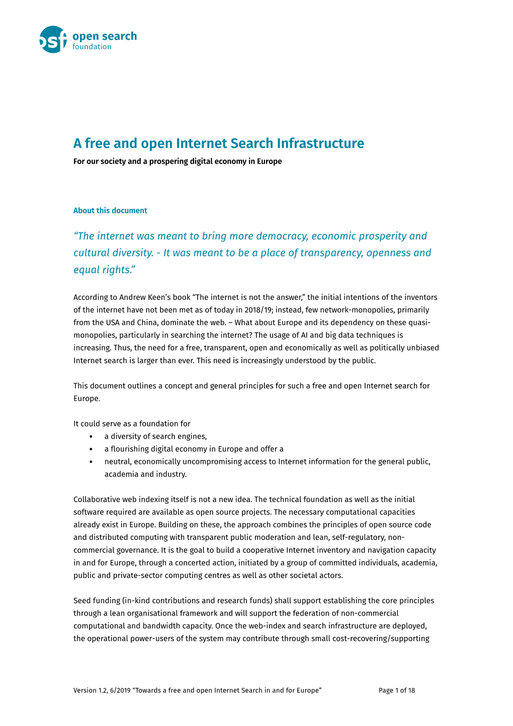 A Free and Open Internet Search Infrastructure for Our Society and a Prospering Digital Economy in Europe