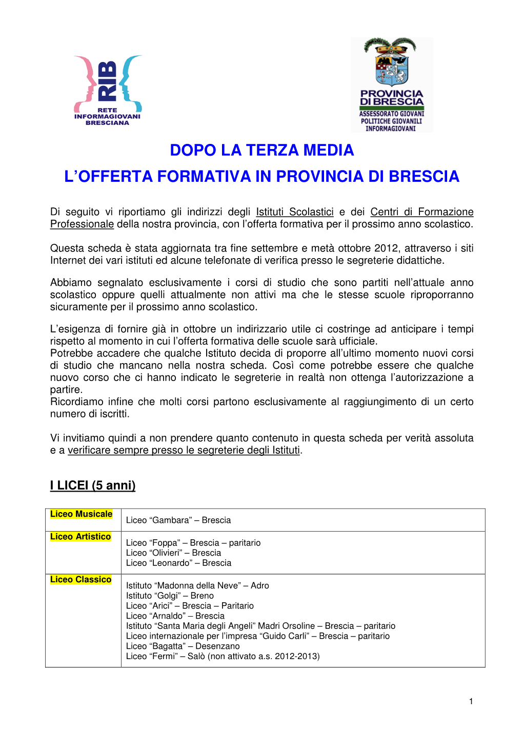 Dopo La Terza Media L'offerta Formativa in Provincia Di Brescia