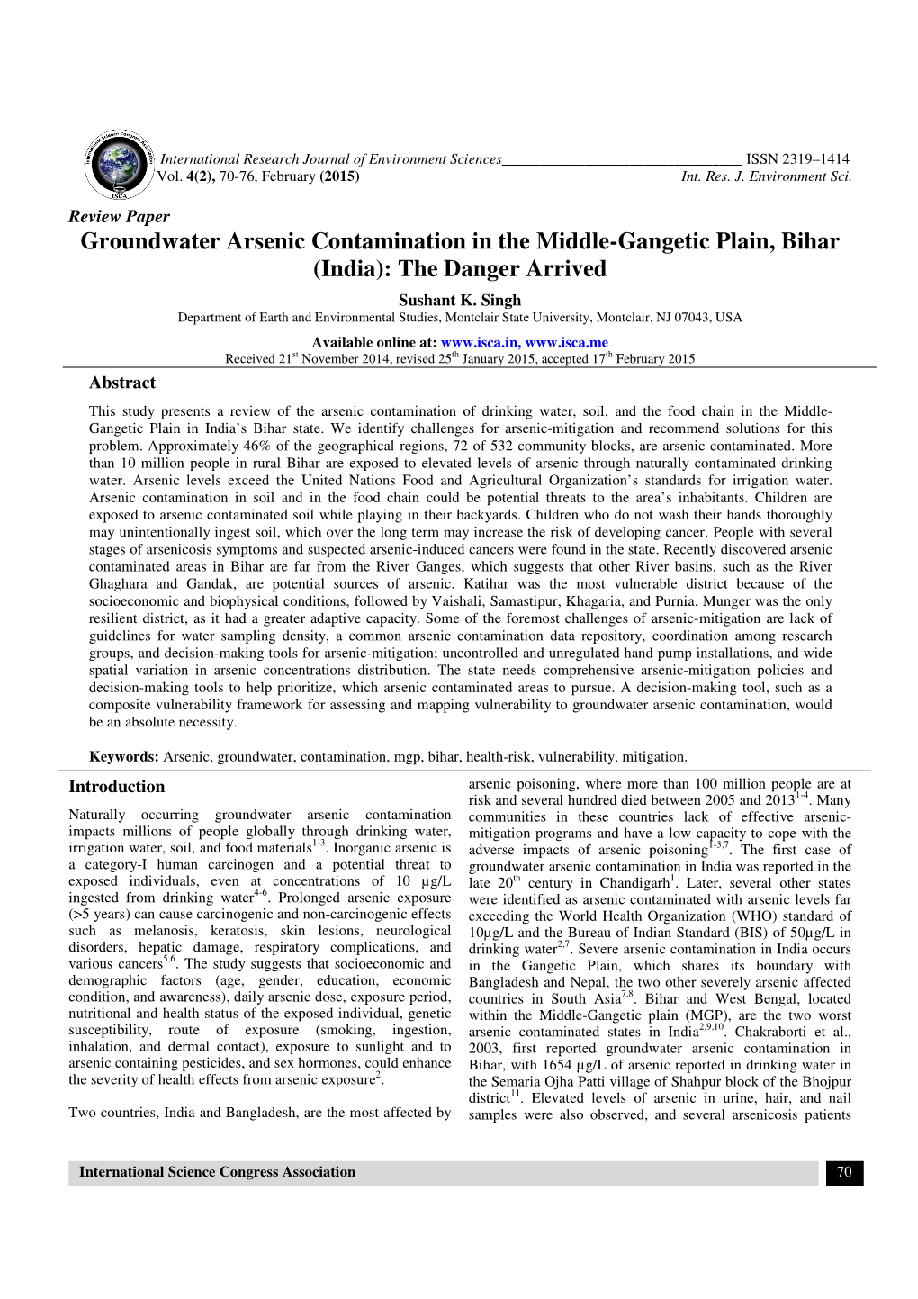 Groundwater Arsenic Contamination in the Middle-Gangetic Plain, Bihar (India): the Danger Arrived
