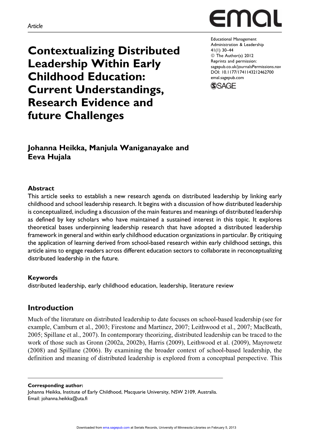 Contextualizing Distributed Leadership Within Early Childhood