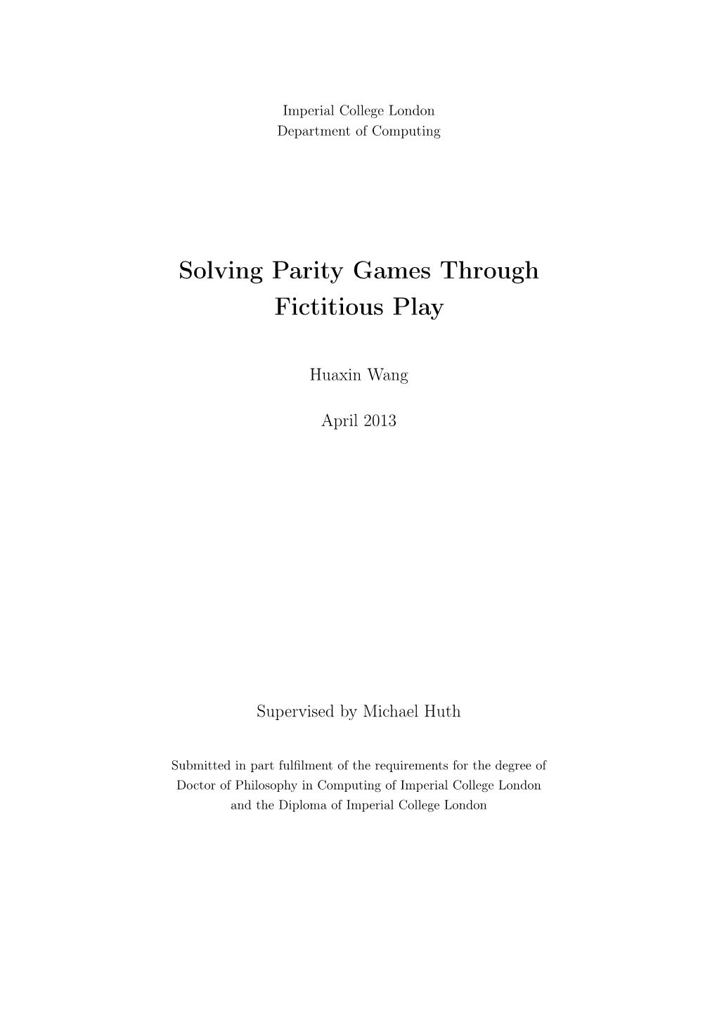 Solving Parity Games Through Fictitious Play