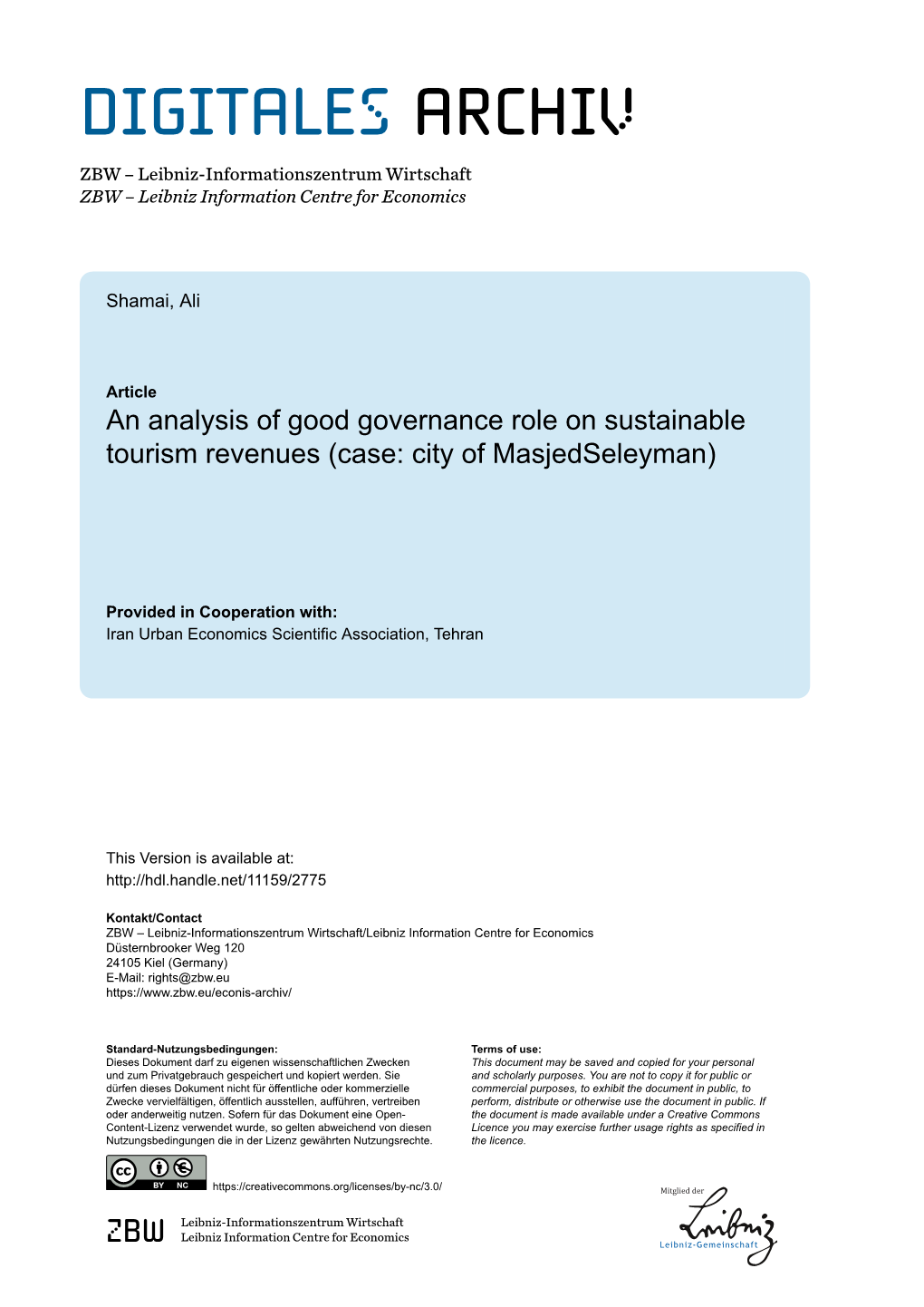 An Analysis of Good Governance Role on Sustainable Tourism Revenues (Case: City of Masjedseleyman)