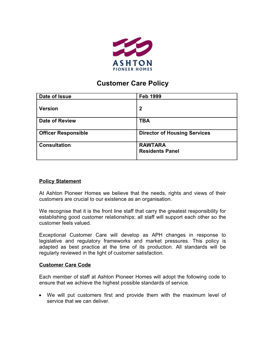 Customer Care Policy