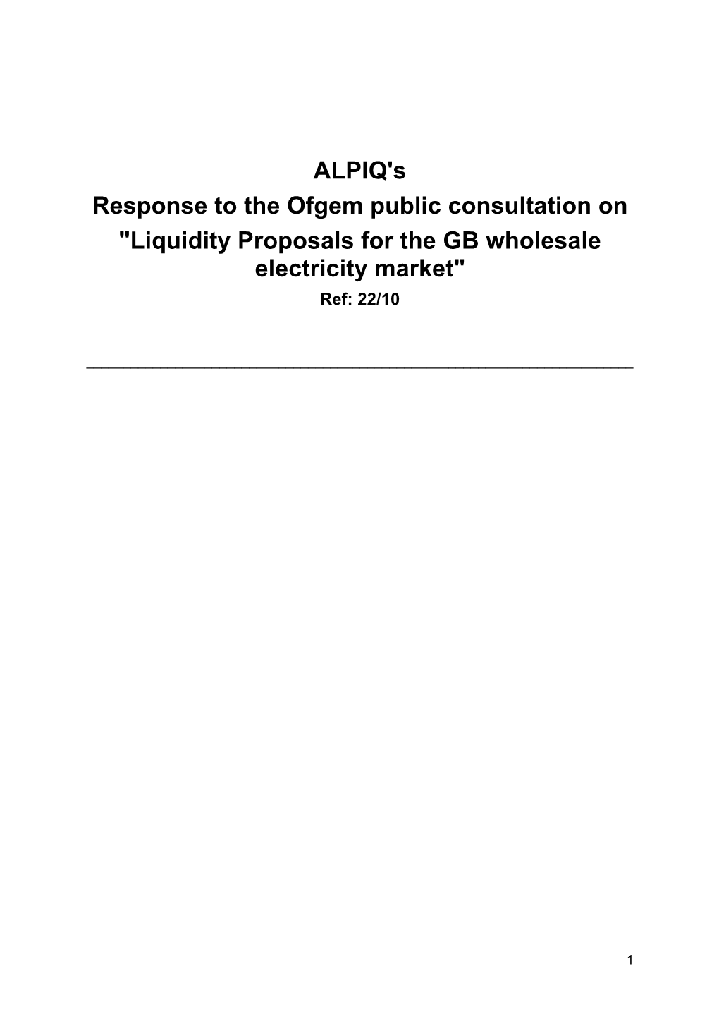 ALPIQ's Response to the Ofgem Public Consultation on 