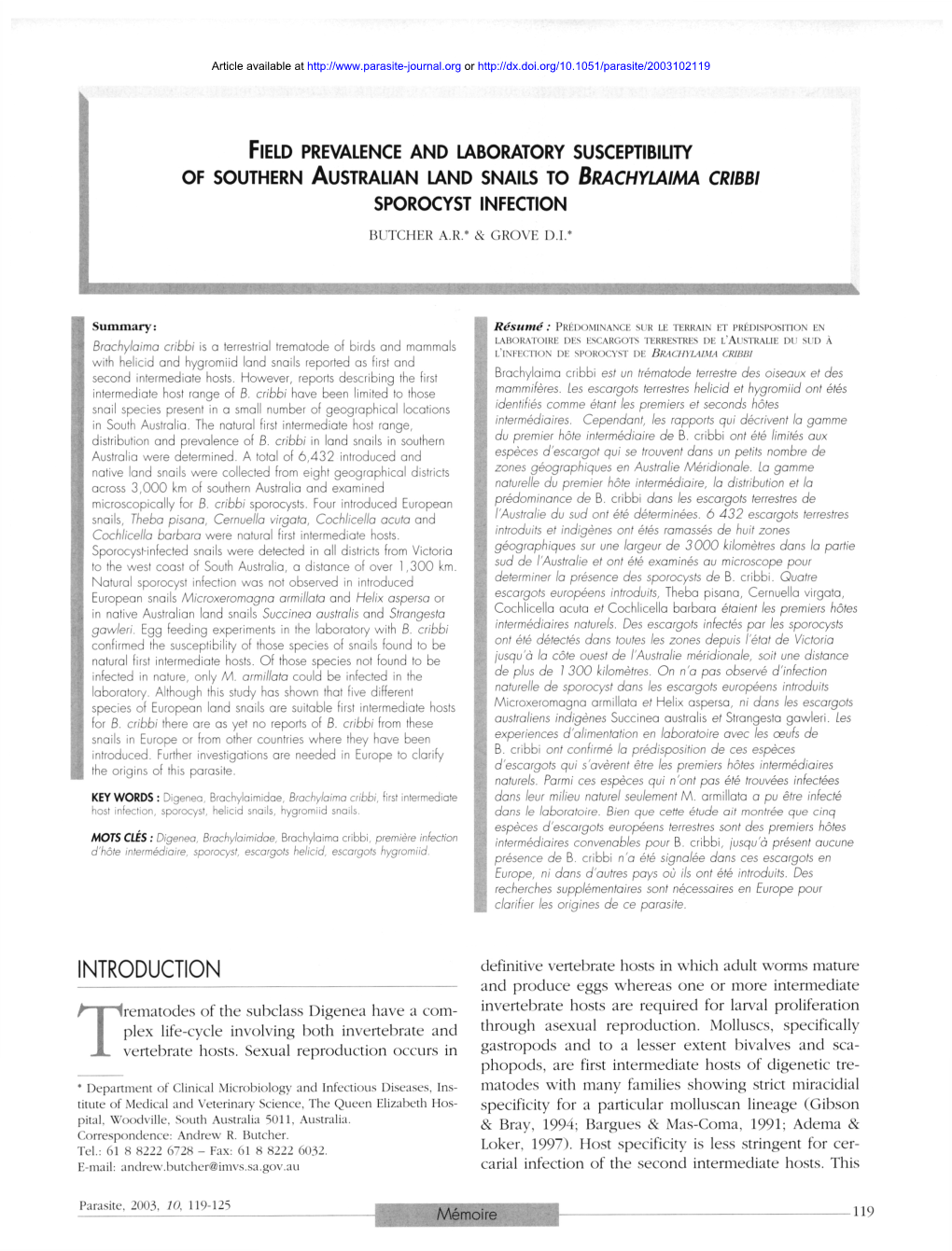 Field Prevalence and Laboratory Susceptibility of Southern Australian Land Snails to Brachylaima Cribbi Sporocyst Infection