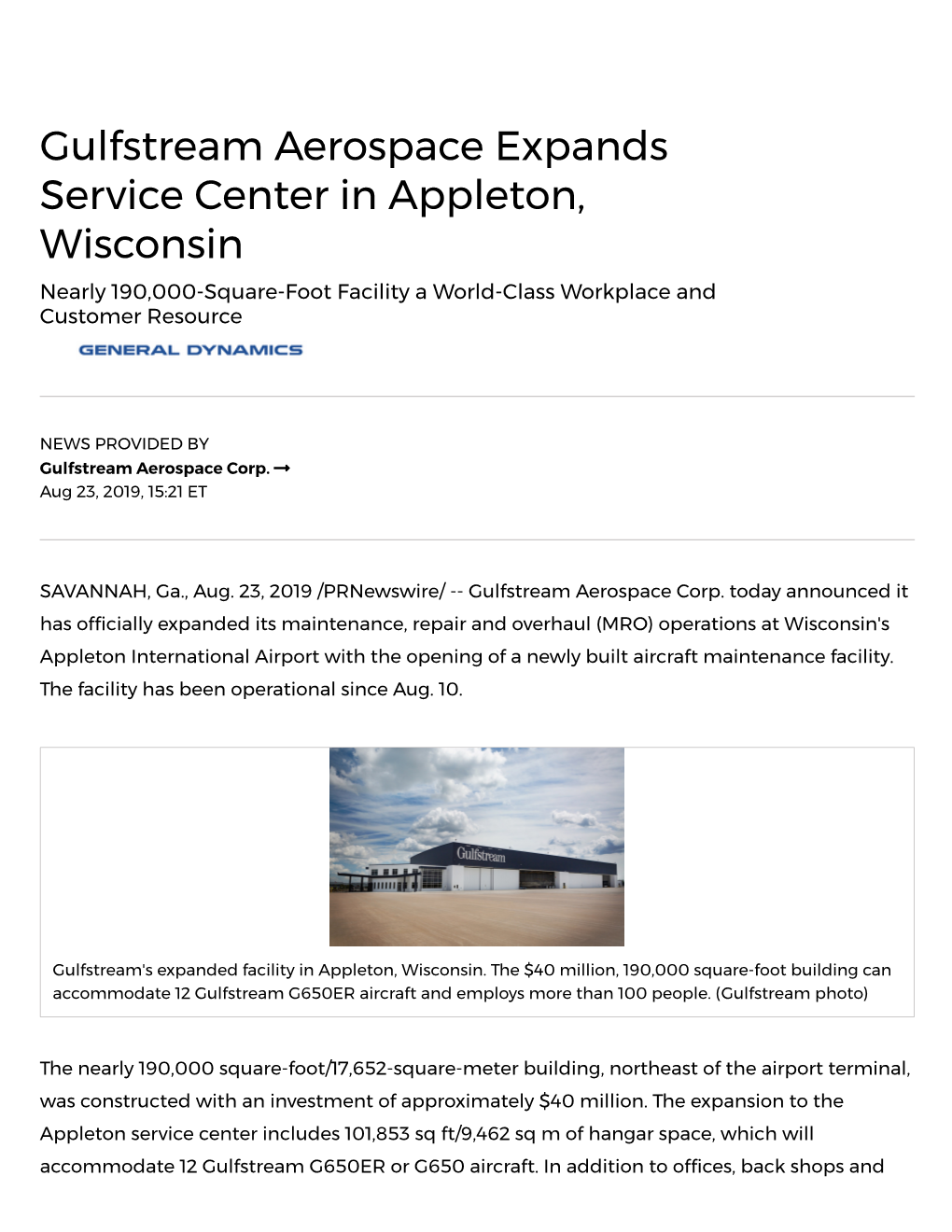 Gulfstream Aerospace Expands Service Center in Appleton, Wisconsin