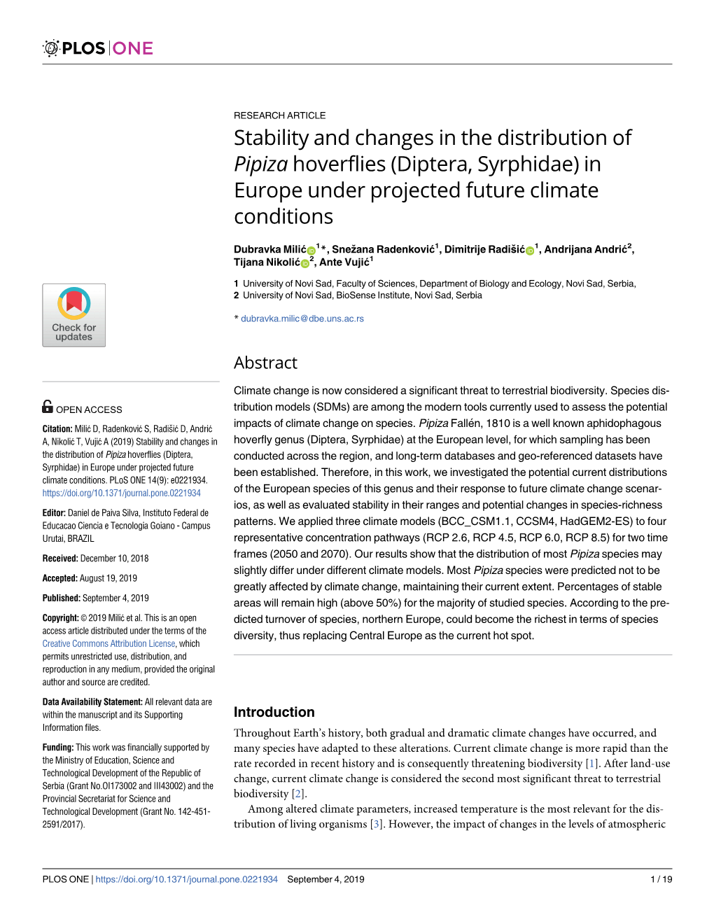 Stability and Changes in the Distribution of Pipiza Hoverflies (Diptera, Syrphidae) in Europe Under Projected Future Climate Conditions