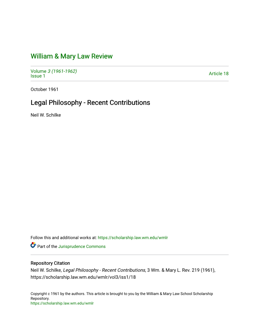 Legal Philosophy - Recent Contributions