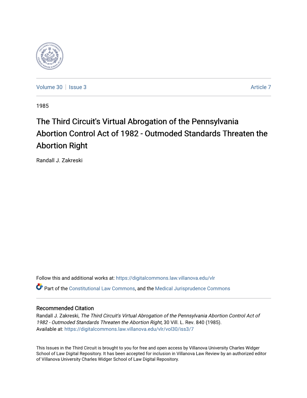 The Third Circuit's Virtual Abrogation of the Pennsylvania Abortion Control Act of 1982 - Outmoded Standards Threaten the Abortion Right