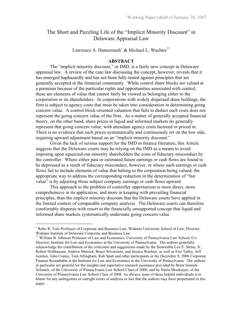 The Short and Puzzling Life of the “Implicit Minority Discount” in Delaware Appraisal Law