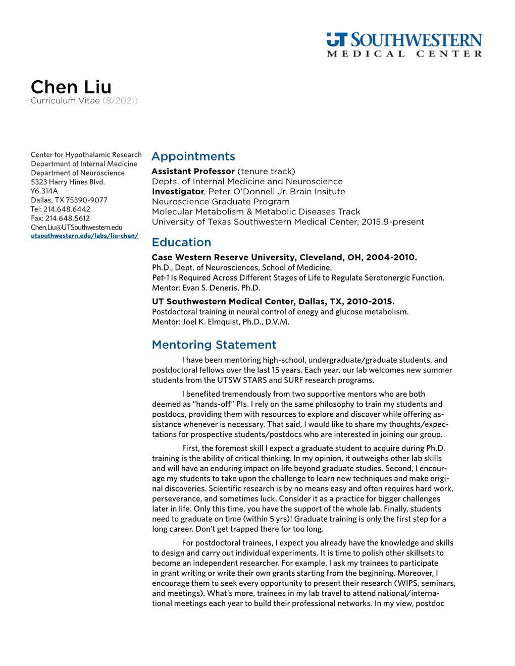 Chen Liu Curriculum Vitae (8/2021)