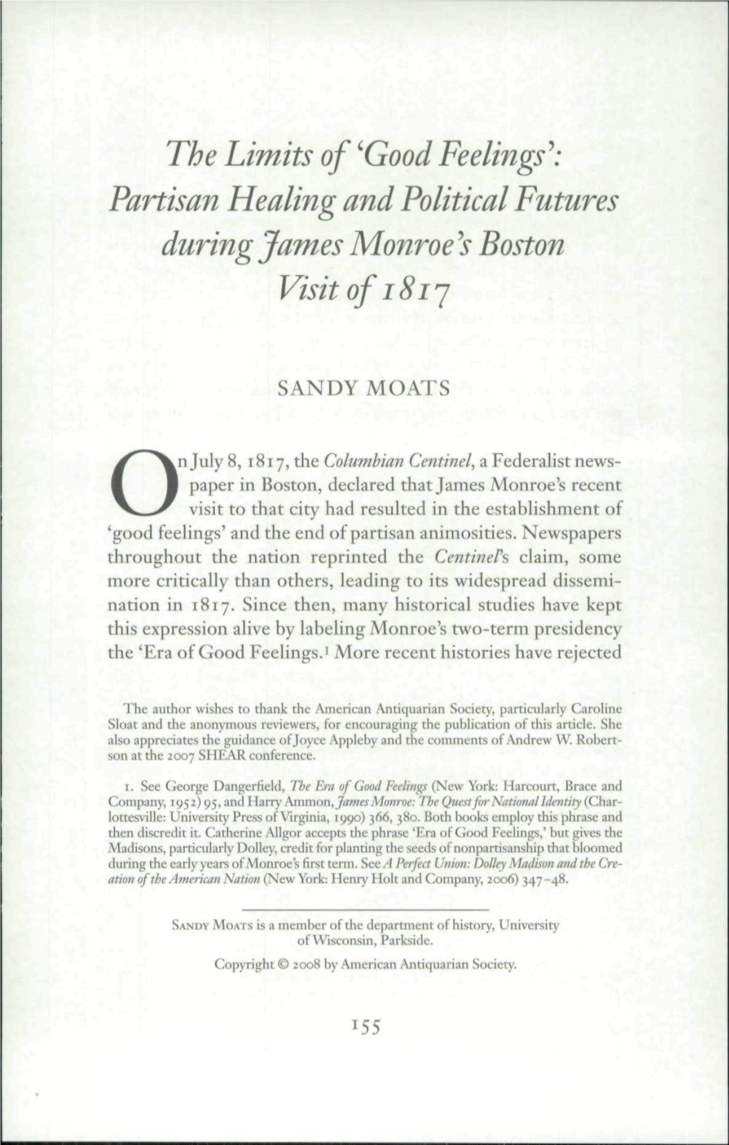 'Good Feelings'': Partisan Healing and Political Futures During James Monroe's Boston Visit O