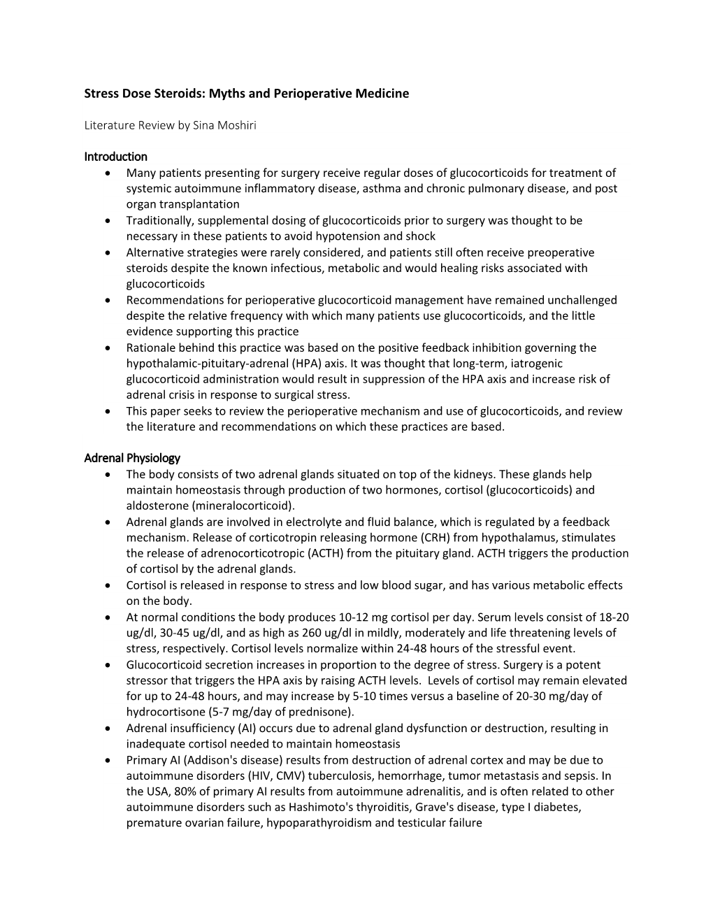 Stress Dose Steroids: Myths and Perioperative Medicine