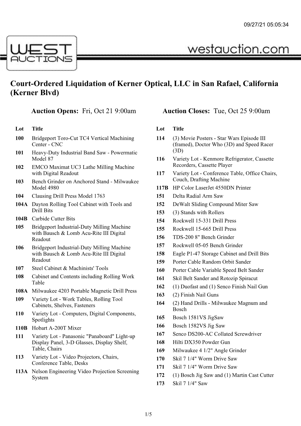 Court-Ordered Liquidation of Kerner Optical, LLC in San Rafael, California (Kerner Blvd)