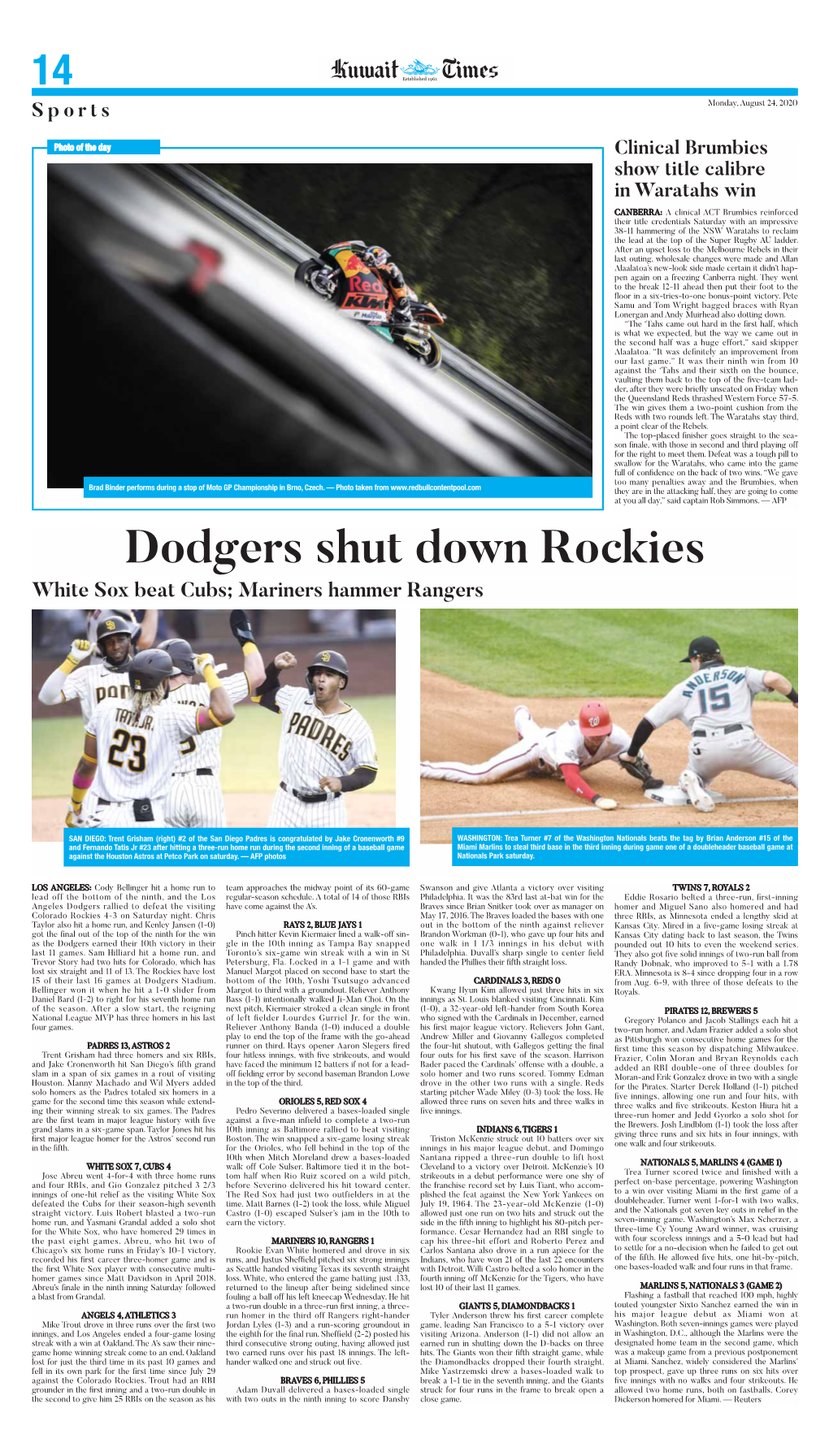 Dodgers Shut Down Rockies White Sox Beat Cubs; Mariners Hammer Rangers