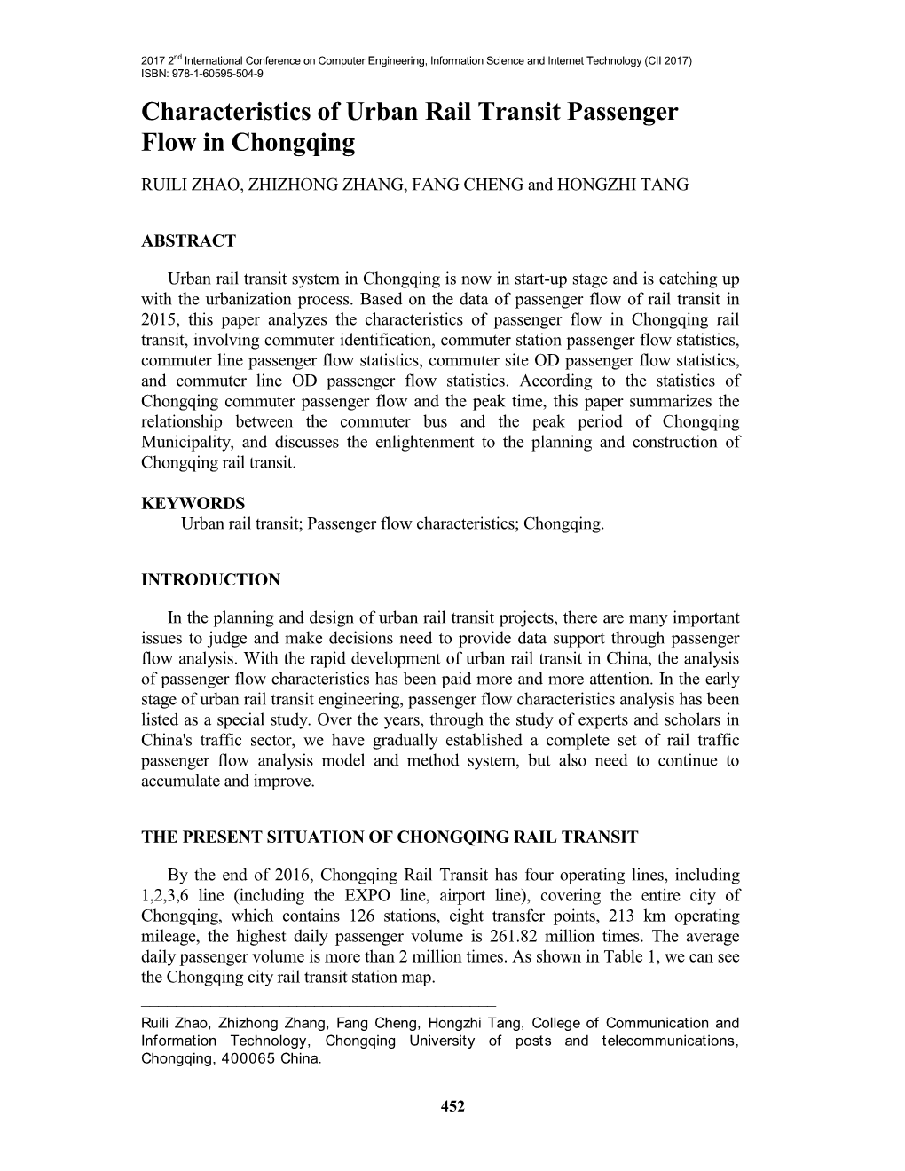 Characteristics of Urban Rail Transit Passenger Flow in Chongqing