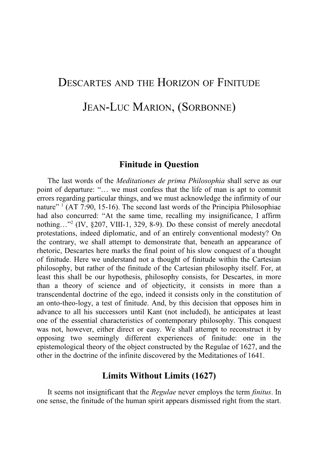 Descartes and the Horizon of Finitude