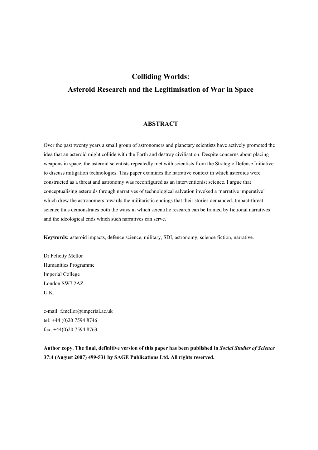 Colliding Worlds: Asteroid Research and the Legitimisation of War in Space